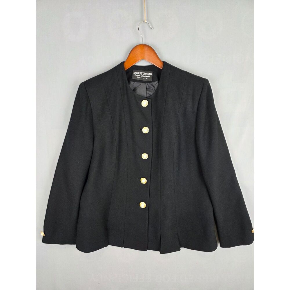 Vintage 80s Herbert Grossman Black Wool Gold Button Blazer Size 16 Quiet Luxury